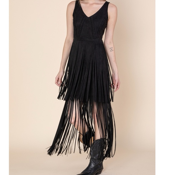 Amazing Western Boho Fringe Corset Black Dress Casual Formal Wedding Guest S M L - Picture 6 of 7